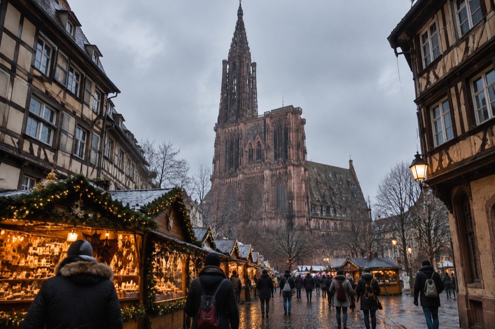 A Gothic cathedral tower rising above festive market stalls and illuminated streets in a French city centre