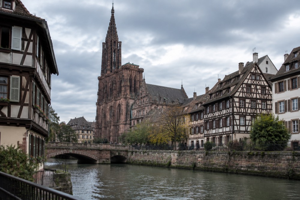 The River Ill flowing past half-timbered houses in Strasbourg