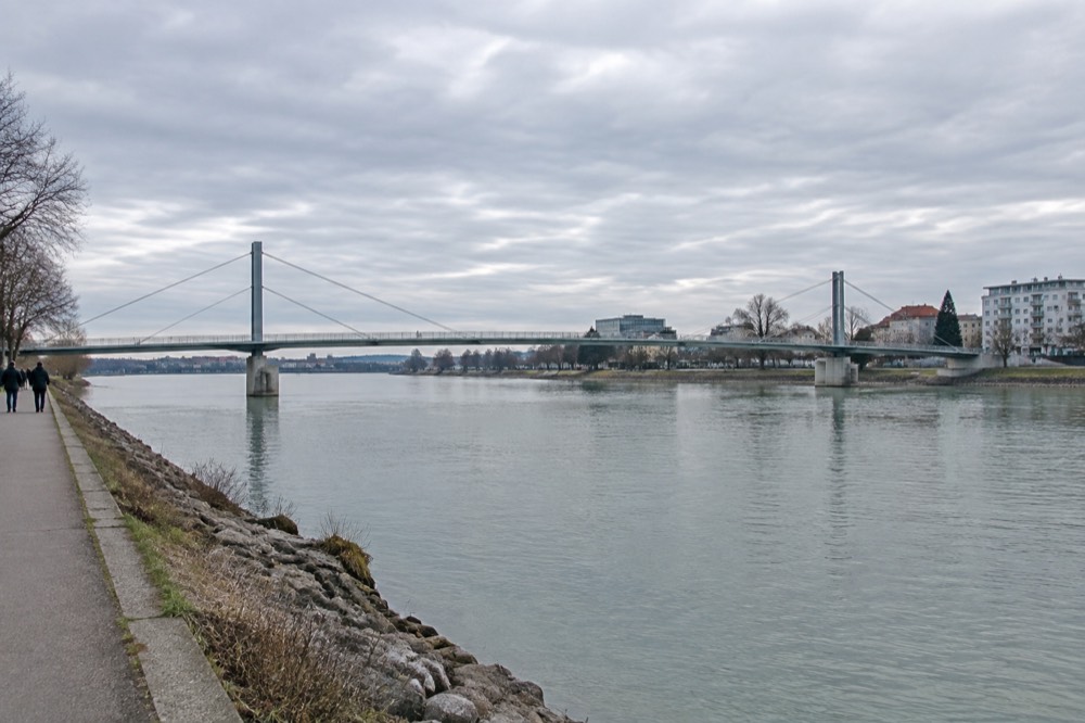 A bridge over the Rhine seen from the riverbank near Strasbourg