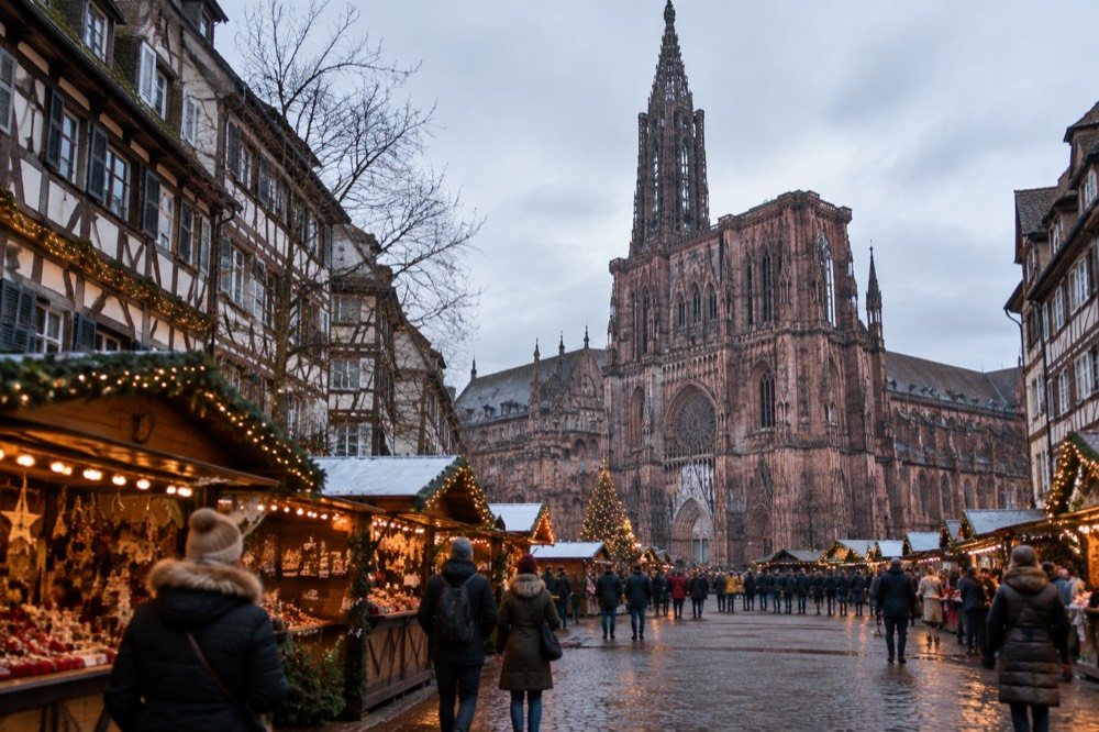 Illuminated Christmas market chalets and decorated facades around Strasbourg Cathedral at dusk