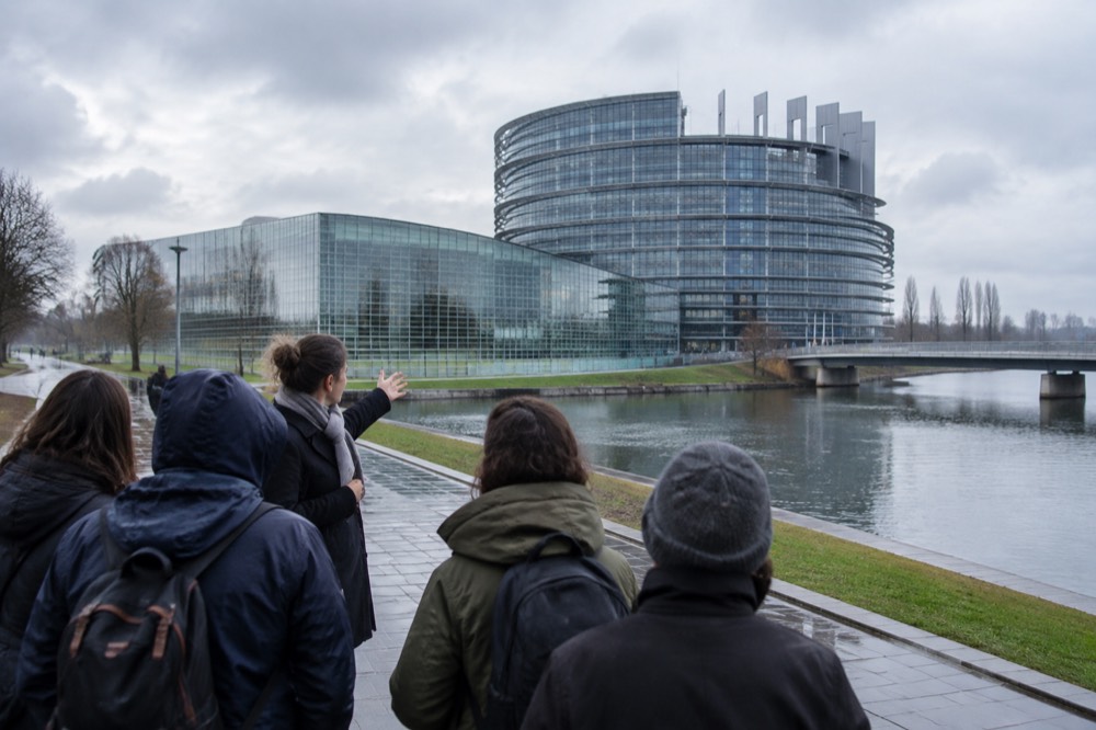 A small group of visitors listening to a guide outside the European Parliament