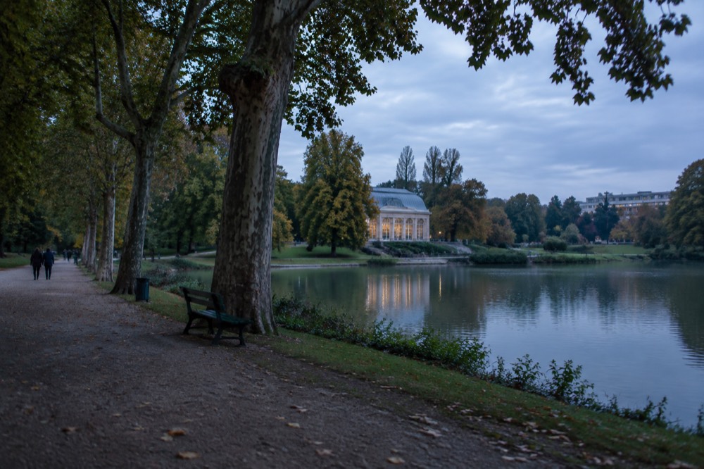 Tree-lined path and lake in the Parc de l'Orangerie beside the European Quarter