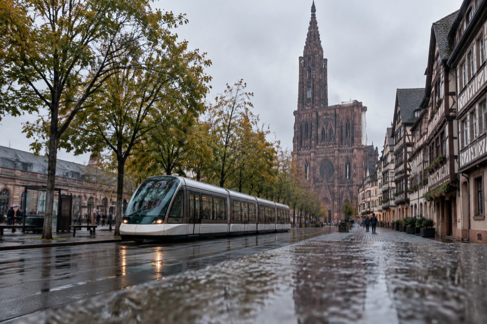 A modern Strasbourg tram passing along a tree-lined street near the main railway station