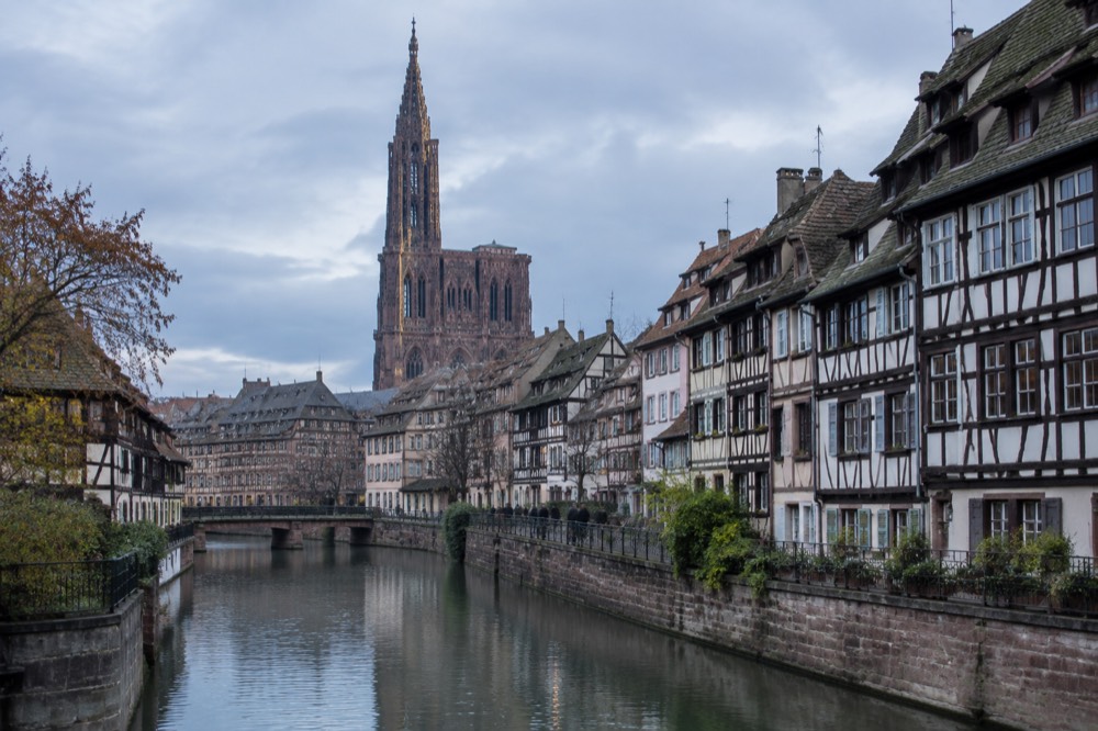 Half-timbered houses along a canal in the Strasbourg Old Town