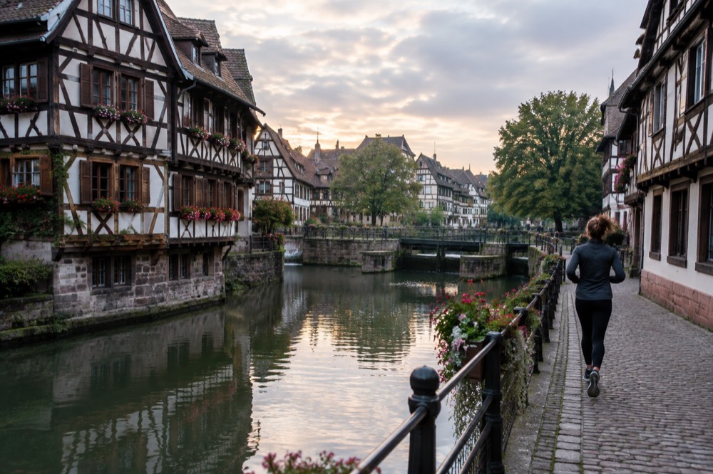 Canals and half-timbered houses in Petite France at dusk