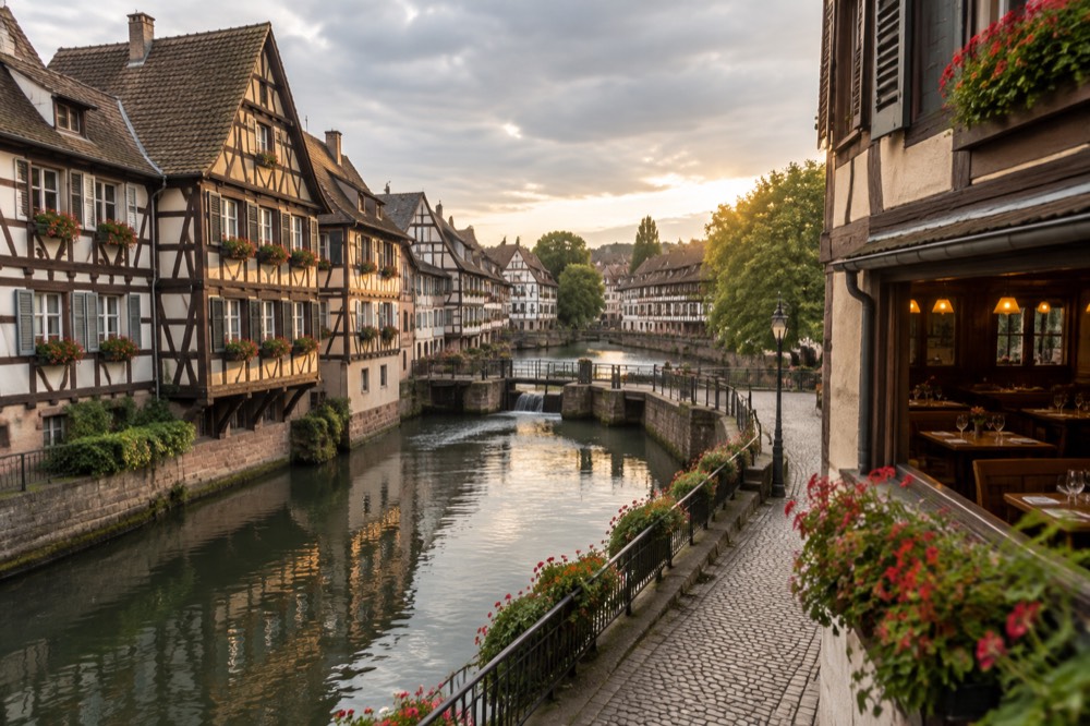 A winstub interior with wooden benches and set tables in Strasbourg