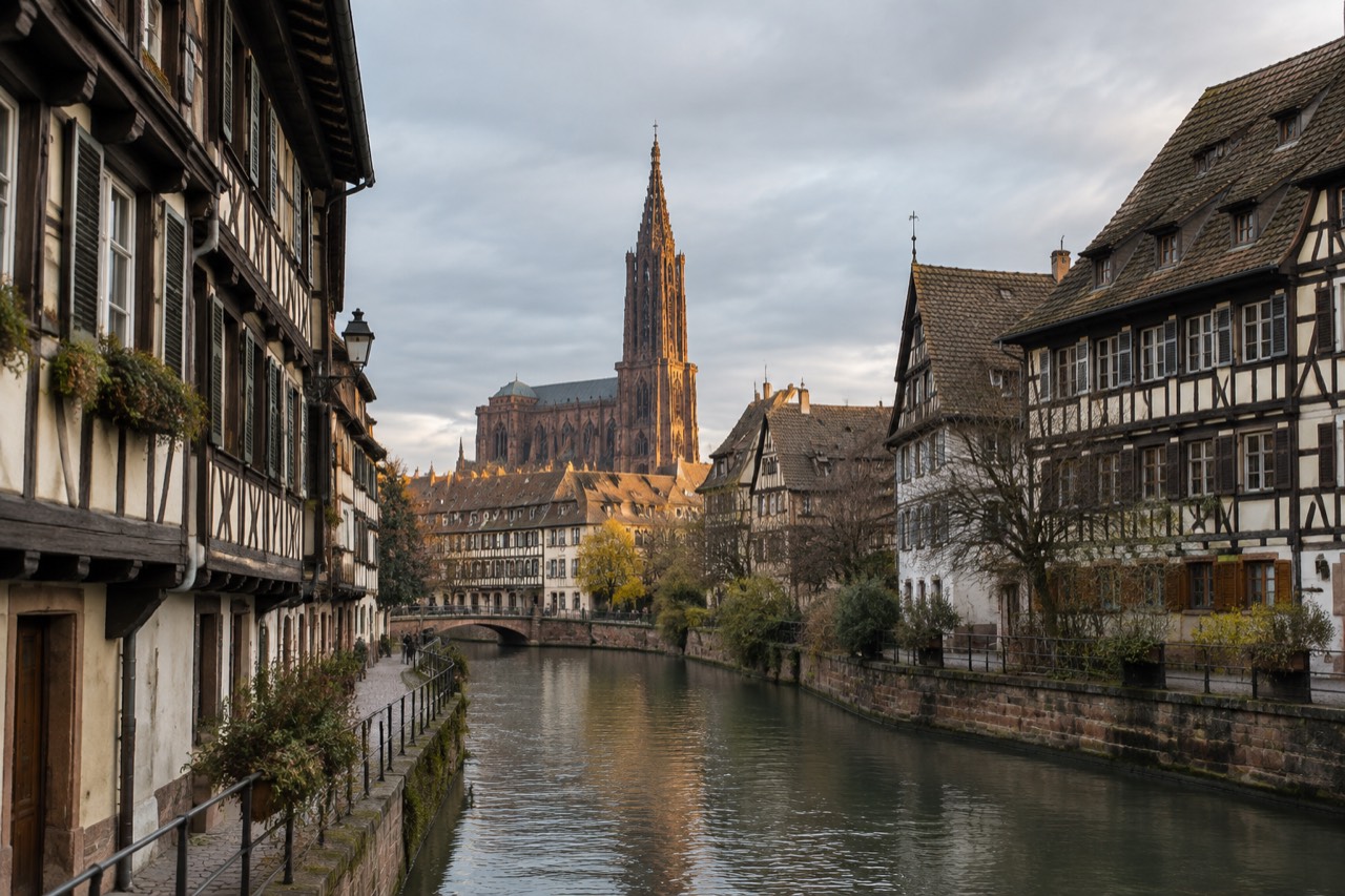 Half-timbered houses along a canal in the Strasbourg Old Town
