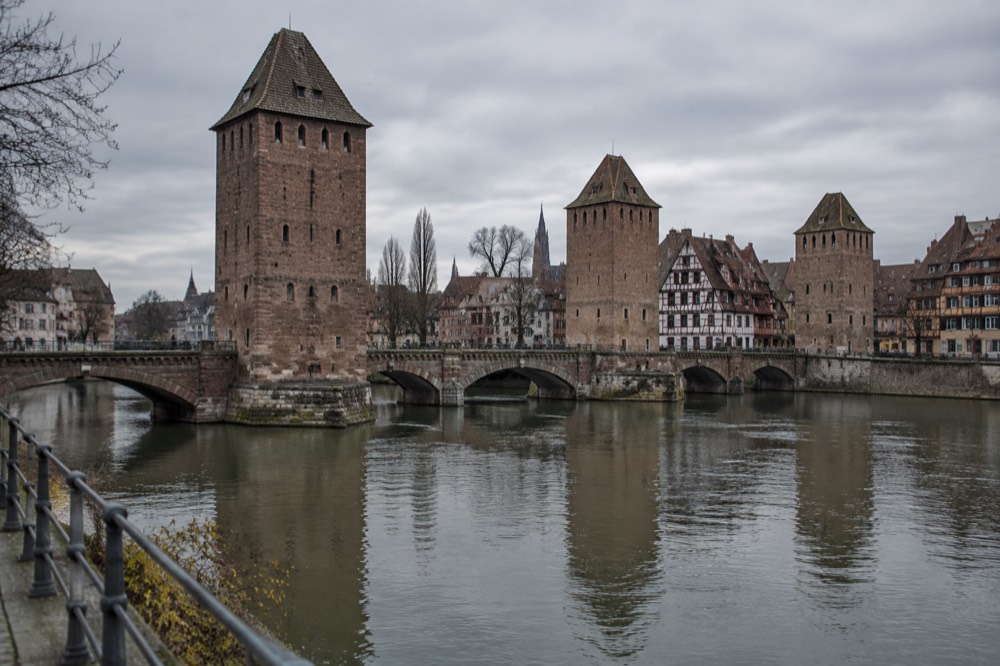 The covered bridge towers of the Ponts Couverts seen from the Krutenau quays