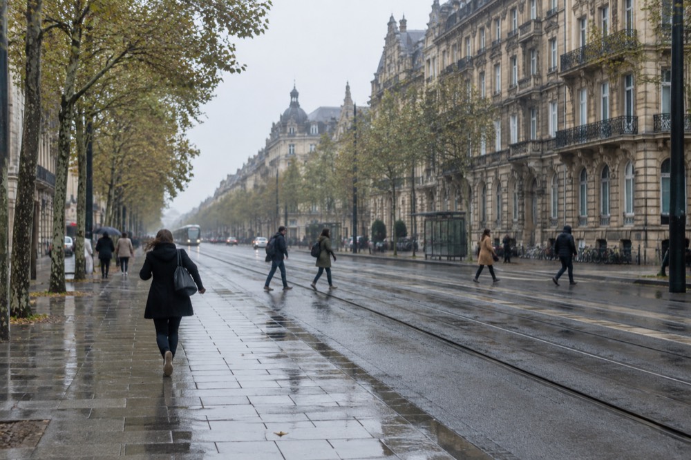 Pedestrians crossing a wide avenue with tram tracks in the Neustadt