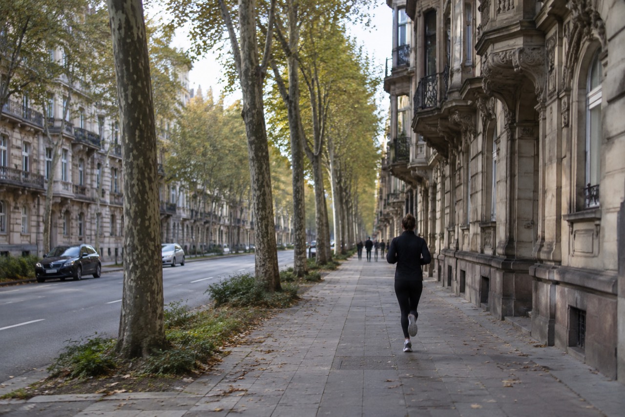Tree-lined boulevard in the Neustadt with grand stone apartment facades