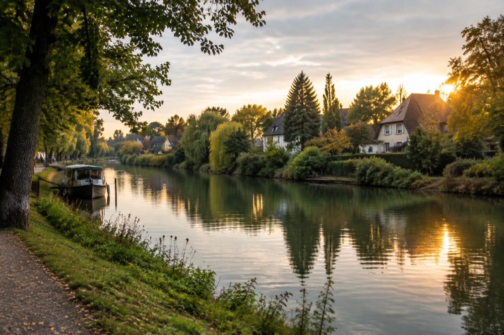 Evening light on the River Ill with trees reflected in the water in Robertsau, Strasbourg