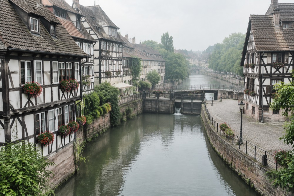 Half-timbered houses along a canal in the Petite France quarter of Strasbourg