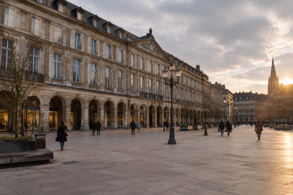 Wide view of a grand stone building with arched windows along a large city square