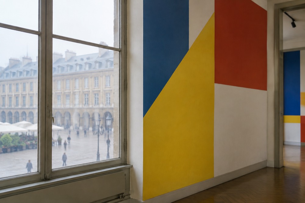 Geometric abstract wall decoration in bold primary colours inside a restored room