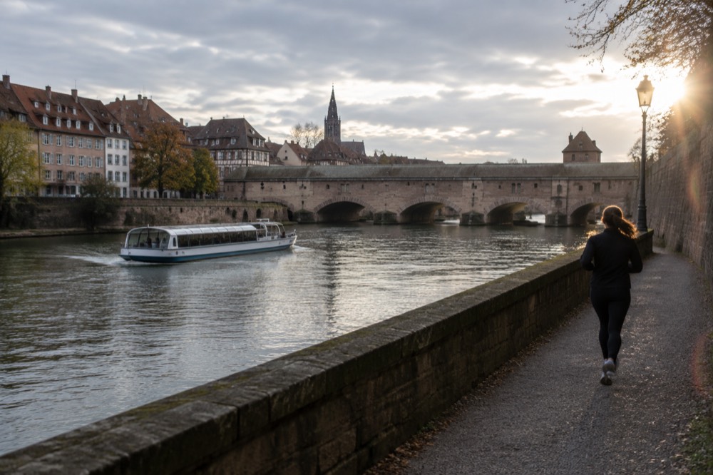 A passenger boat cruising on a river past stone bridges and old riverside buildings