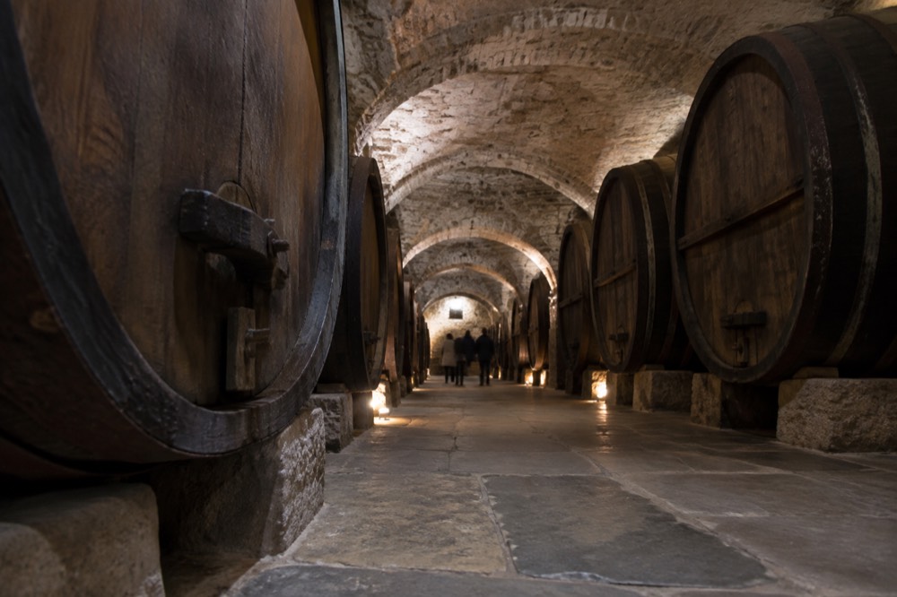 Vaulted stone wine cellar with rows of large wooden barrels