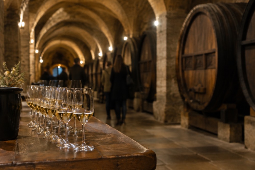 Glasses of pale white wine lined up on a wooden tasting table