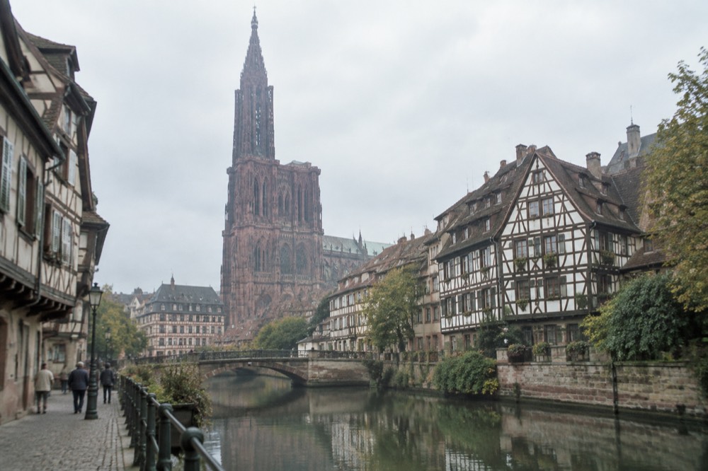 Half-timbered houses reflected in the River Ill in Strasbourg