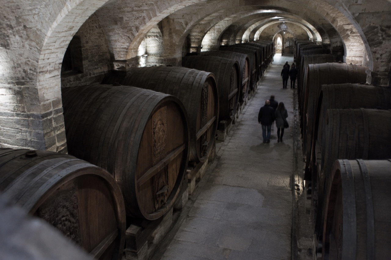 Vaulted stone wine cellar with rows of large wooden barrels