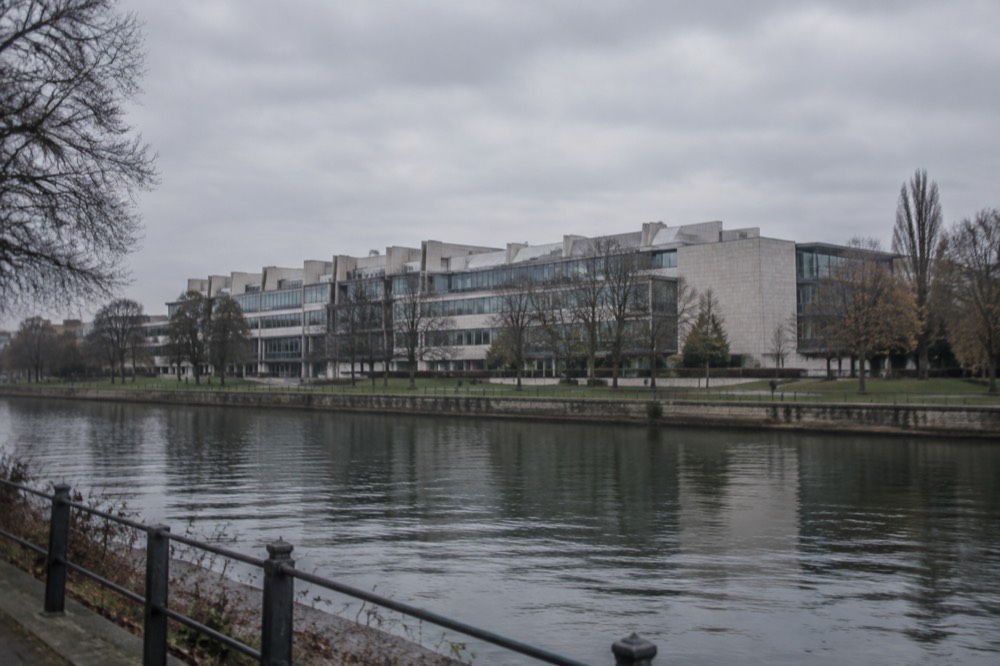 The Council of Europe headquarters building seen from across the water in Strasbourg