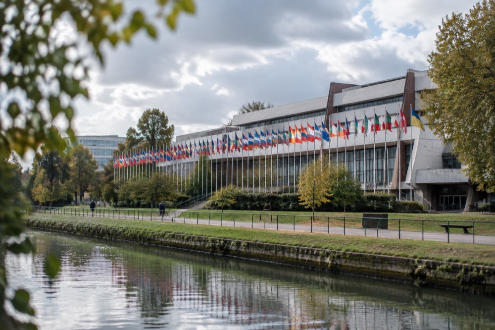 Rows of national flags flying outside the Council of Europe headquarters in Strasbourg