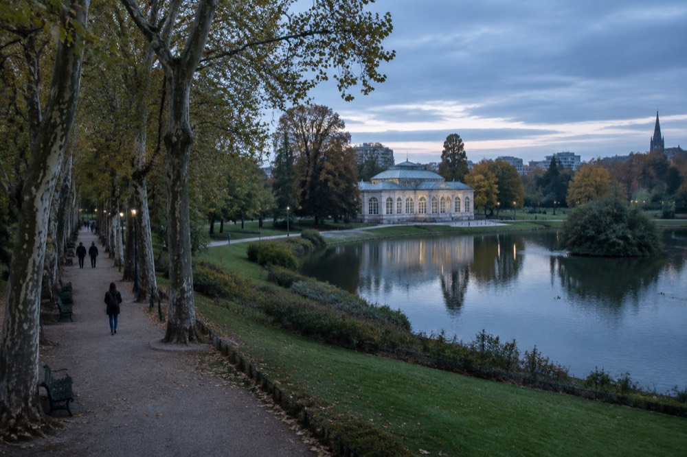 A tree-lined path in the Parc de l'Orangerie beside the European Quarter