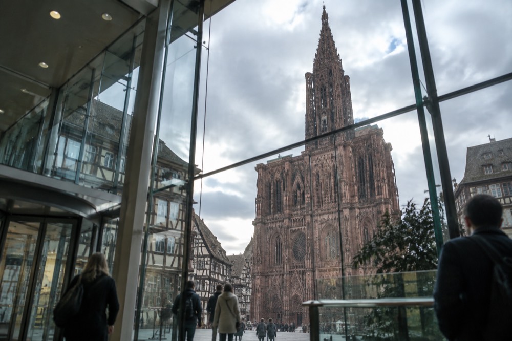 The glass entrance hall of a European institution building in Strasbourg