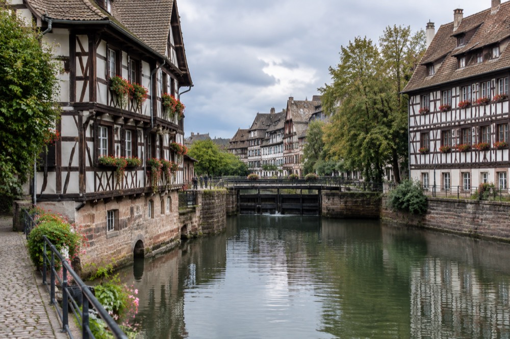 Half-timbered houses along the river canals of Petite France in Strasbourg