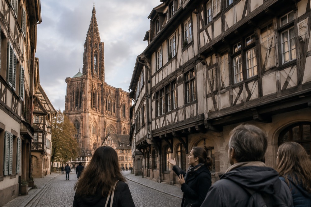 A guide speaking to a small group on a cobbled lane in the old town of Strasbourg