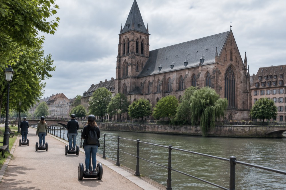 A small group of visitors on segways riding along a riverside path in a European city