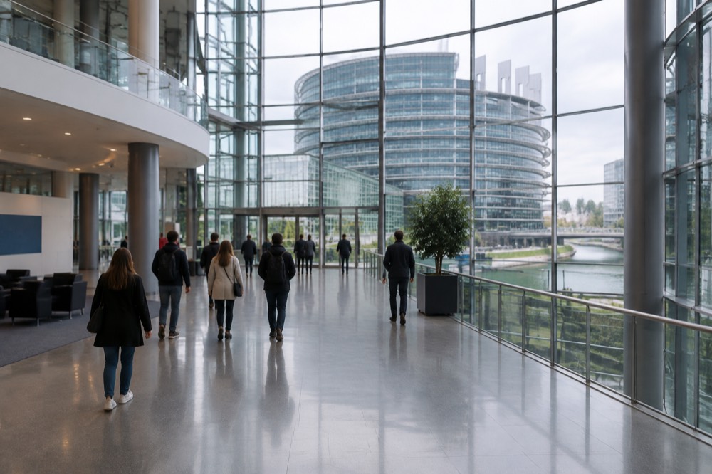 Visitors walking through a modern glass atrium inside the European Parliament visitor centre in Strasbourg
