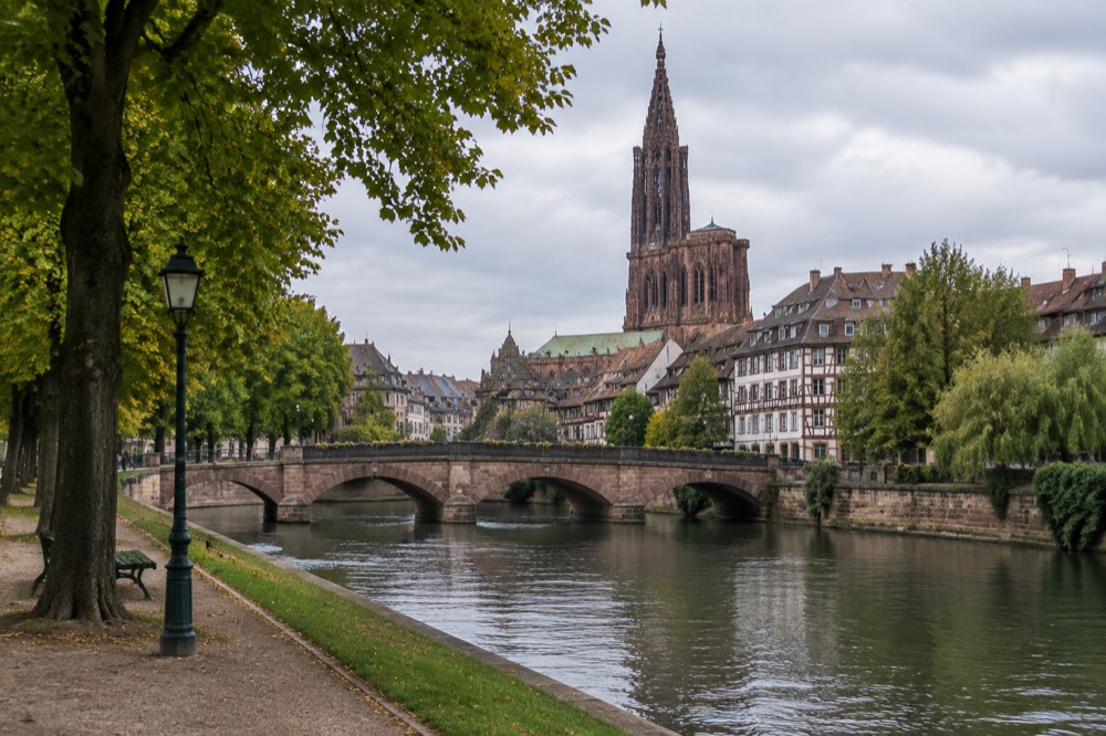 Tree-lined paths and lawns of a large park near the European institutions in Strasbourg