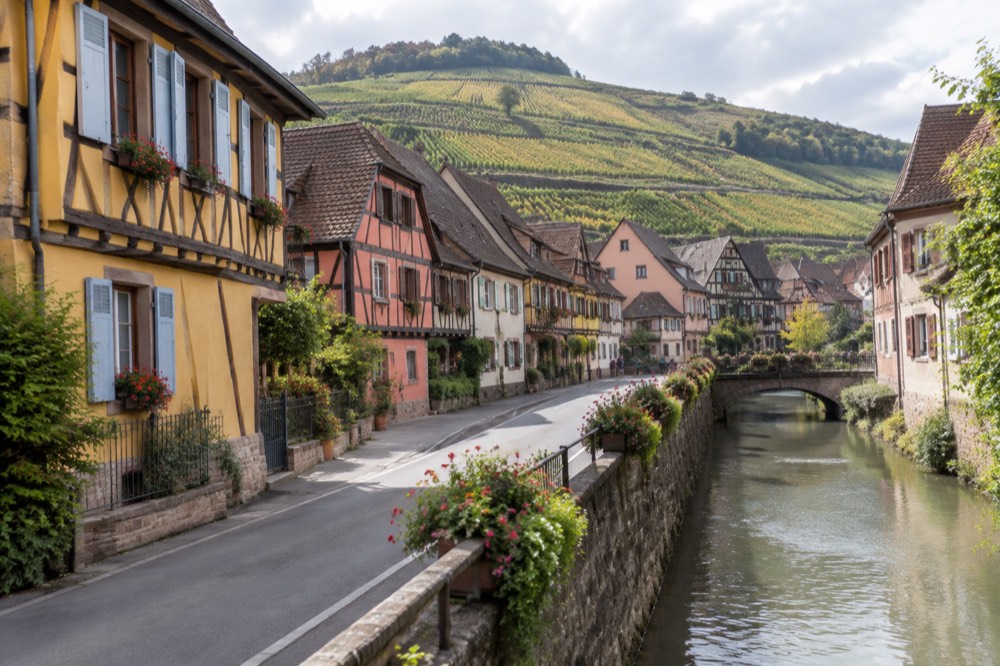 Vineyard slopes and a village on the Alsace wine route