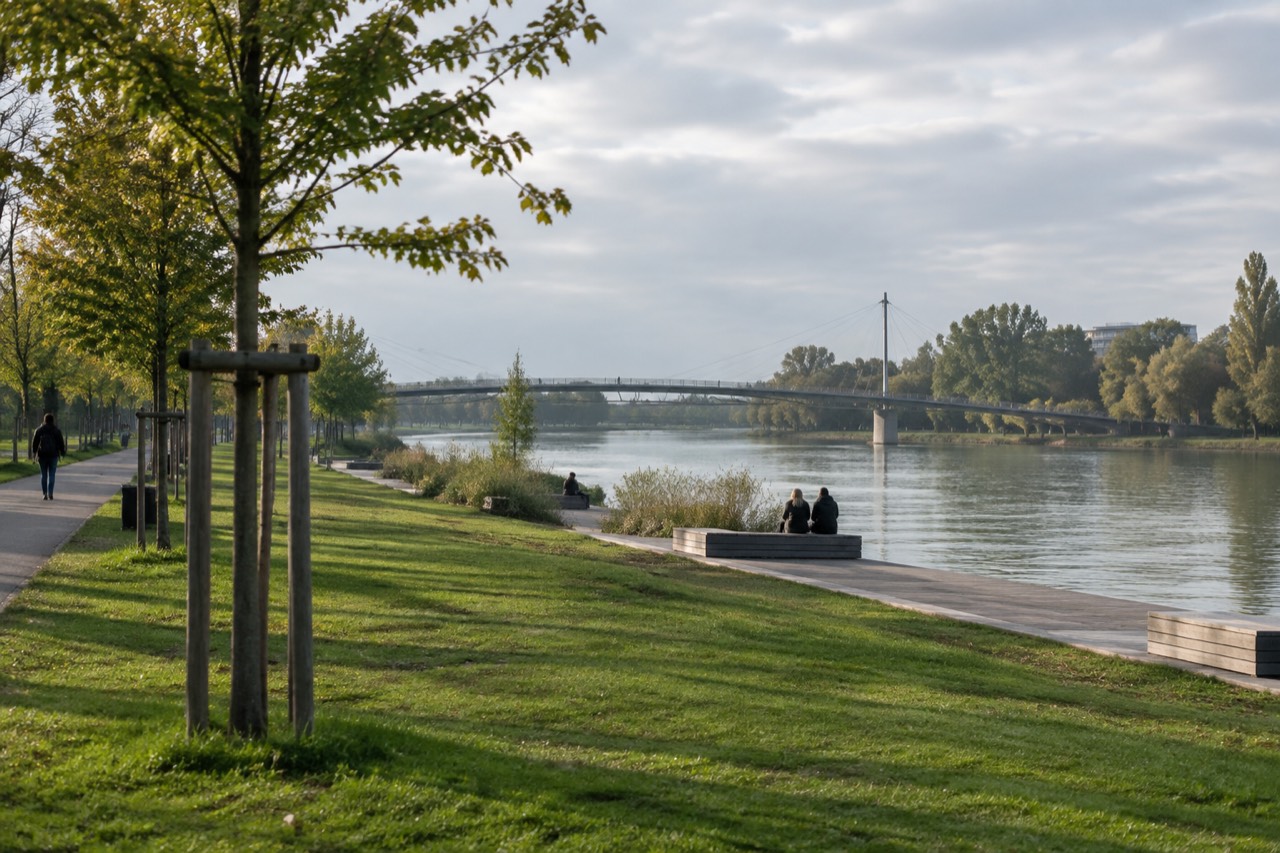 Lawns and tree-lined paths along the Rhine bank in the Jardin des Deux Rives