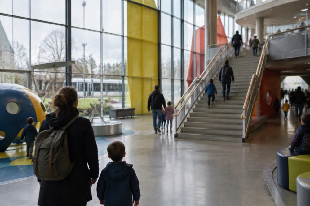A wide interior atrium with a staircase and families moving between exhibition levels