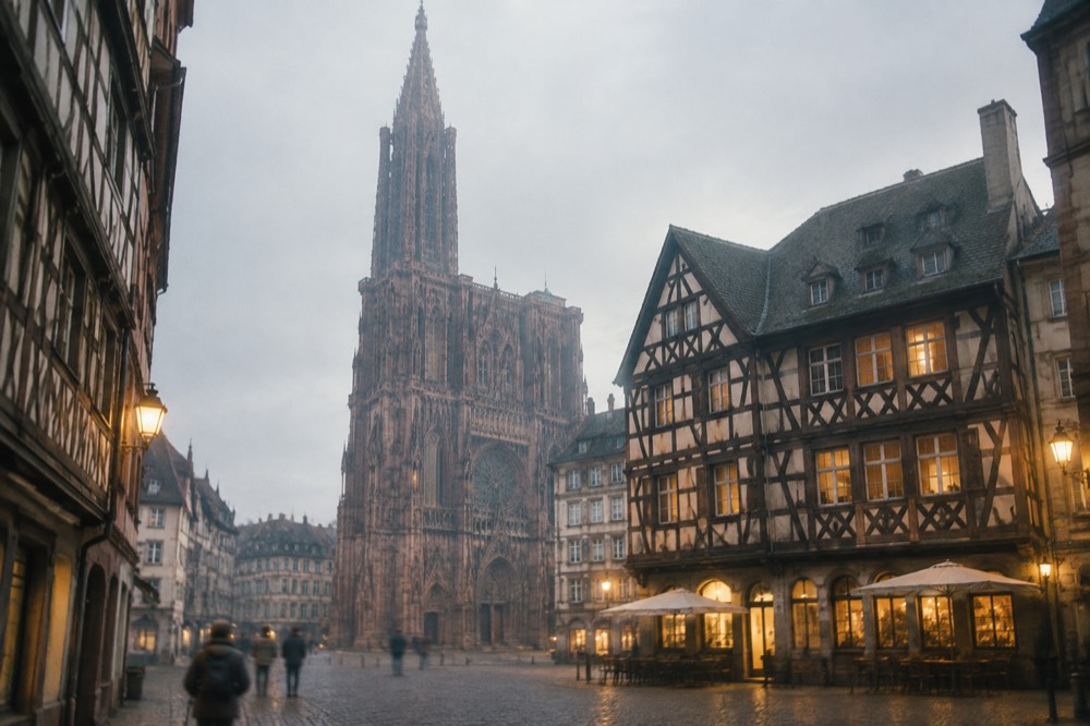 Evening view of a cobbled square with a lit half-timbered house and a cathedral tower behind