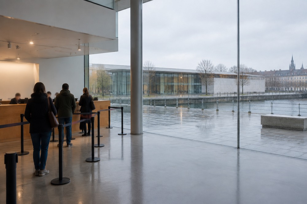 A museum ticket desk with a clean wooden counter and a queue barrier in a bright lobby