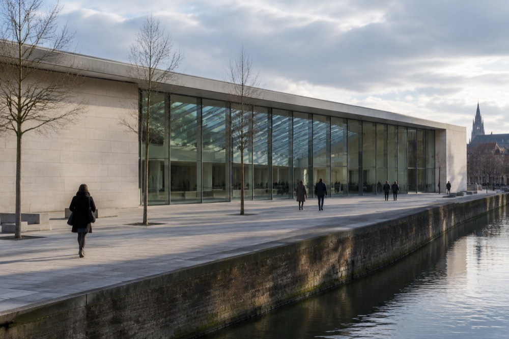 An interior walkway with a sloping glass ceiling and daylight falling on a polished floor