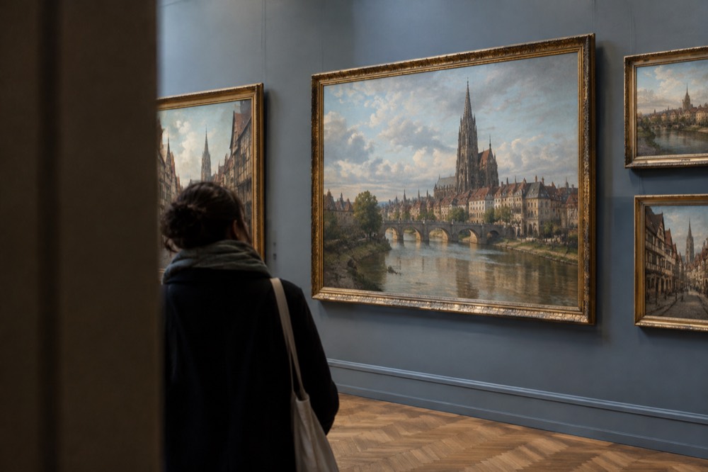 Gallery wall with framed historic paintings of Strasbourg scenes
