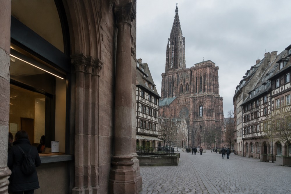 Ticket desk and stone entrance of a Strasbourg municipal museum