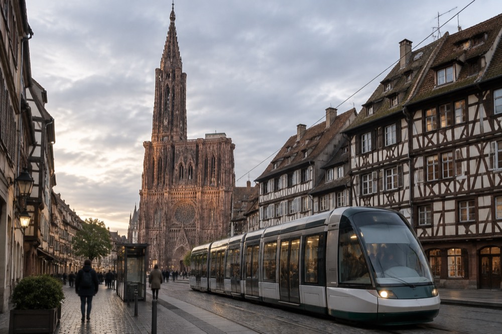 A Strasbourg tram at a stop in a city street with timber-framed buildings behind it.