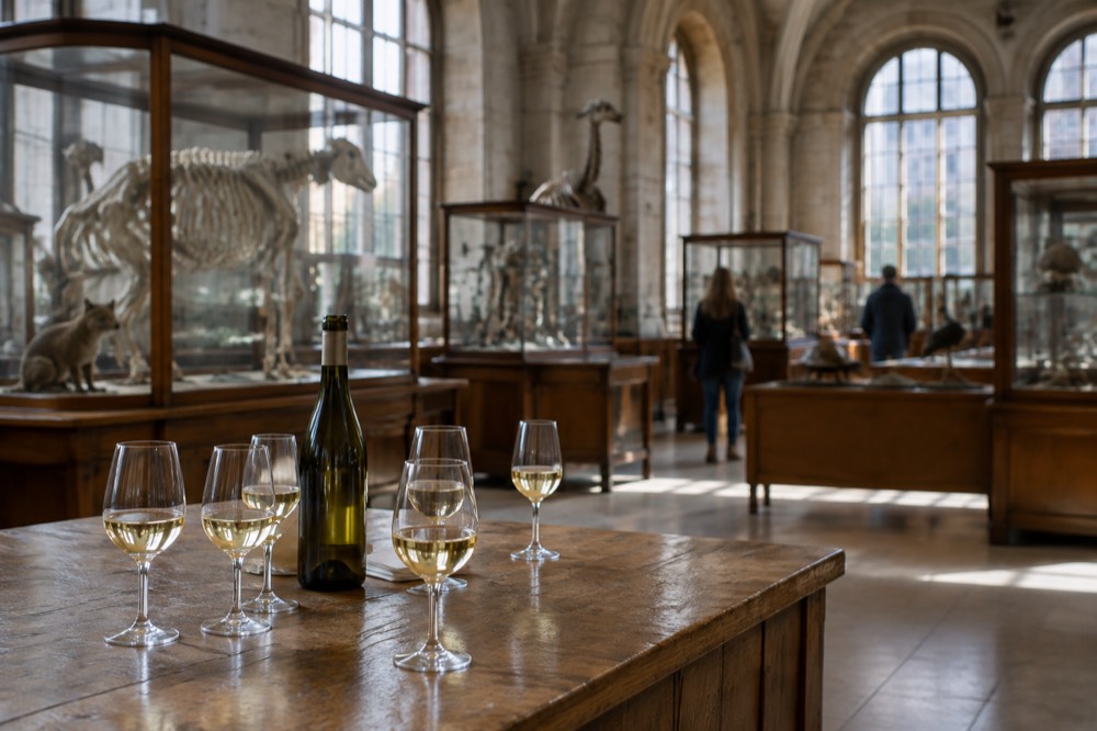 Glasses of white Alsatian wine arranged on a wooden tasting table beside an open bottle.
