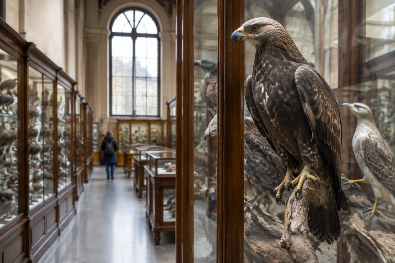Gallery hall of a natural history museum with tall wooden display cabinets of preserved birds and glass cases along both walls.