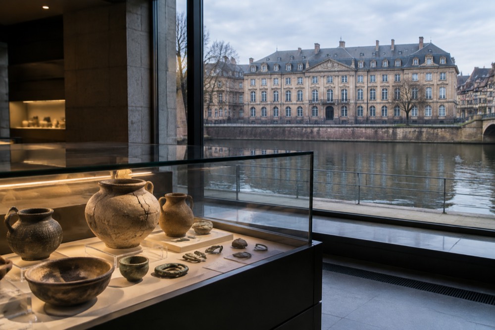 A display case of archaeological finds lit inside an underground gallery