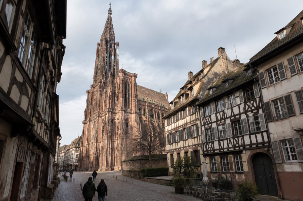 Strasbourg Cathedral's single spire rising above the rooftops near the palace