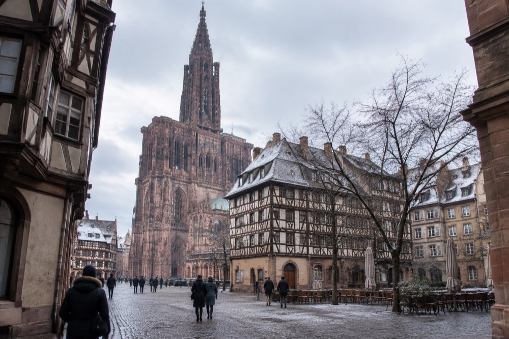 Frost on the rooftops around the cathedral square in winter in Strasbourg