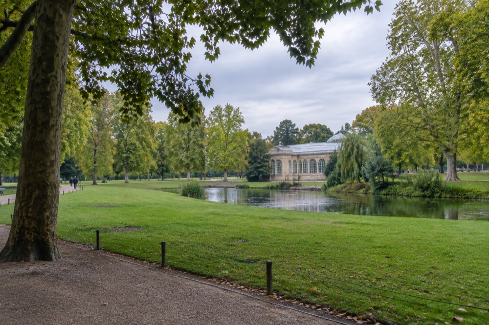 Wide view over open lawns and mature trees in a large city park