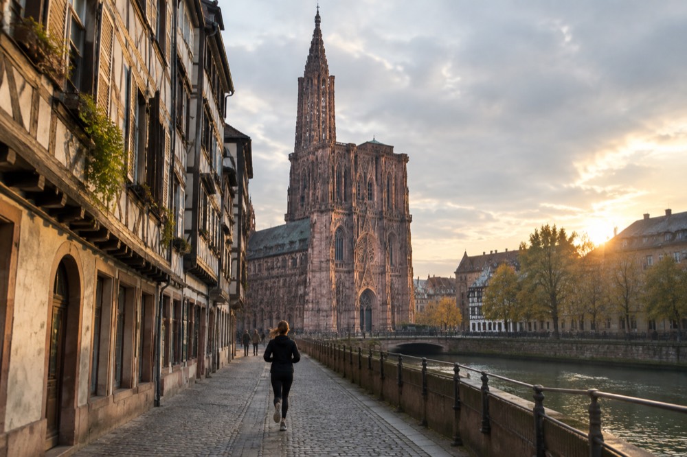 Wide tree-lined lawns of a large city park in Strasbourg on a bright day