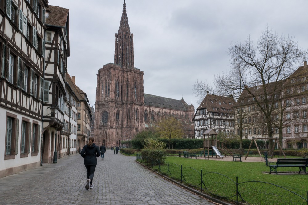 Children's play area and open grass in a Strasbourg park