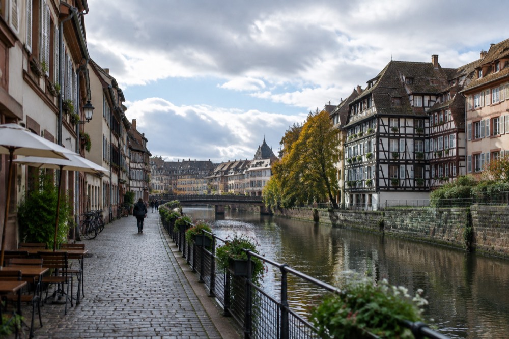Narrow street with old buildings in the Krutenau quarter of Strasbourg
